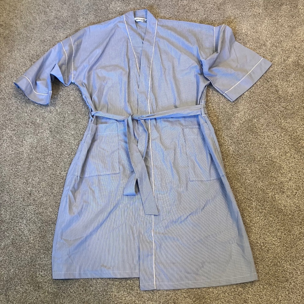 Pierre Cardin Mens Blue White Pinstripe Lightweight Robe One Size Pockets Tie